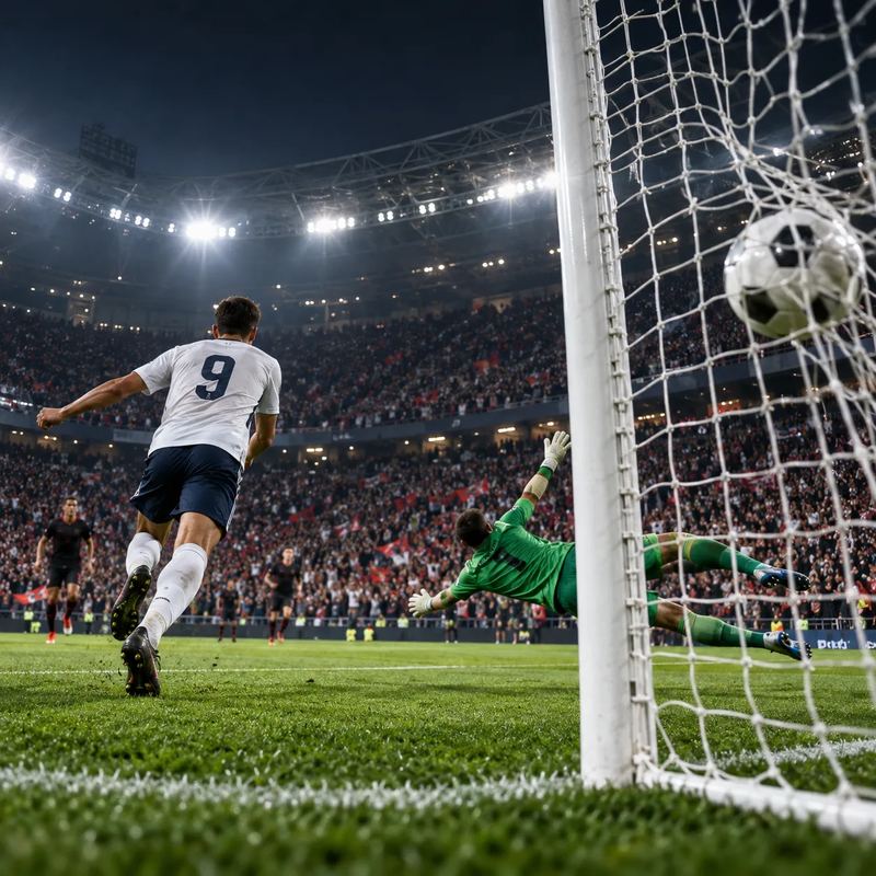 A football strikes the net in a floodlit stadium